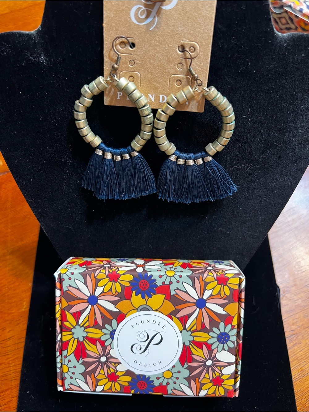 Plunder Navy and Gold Hoop Tassel Earrings